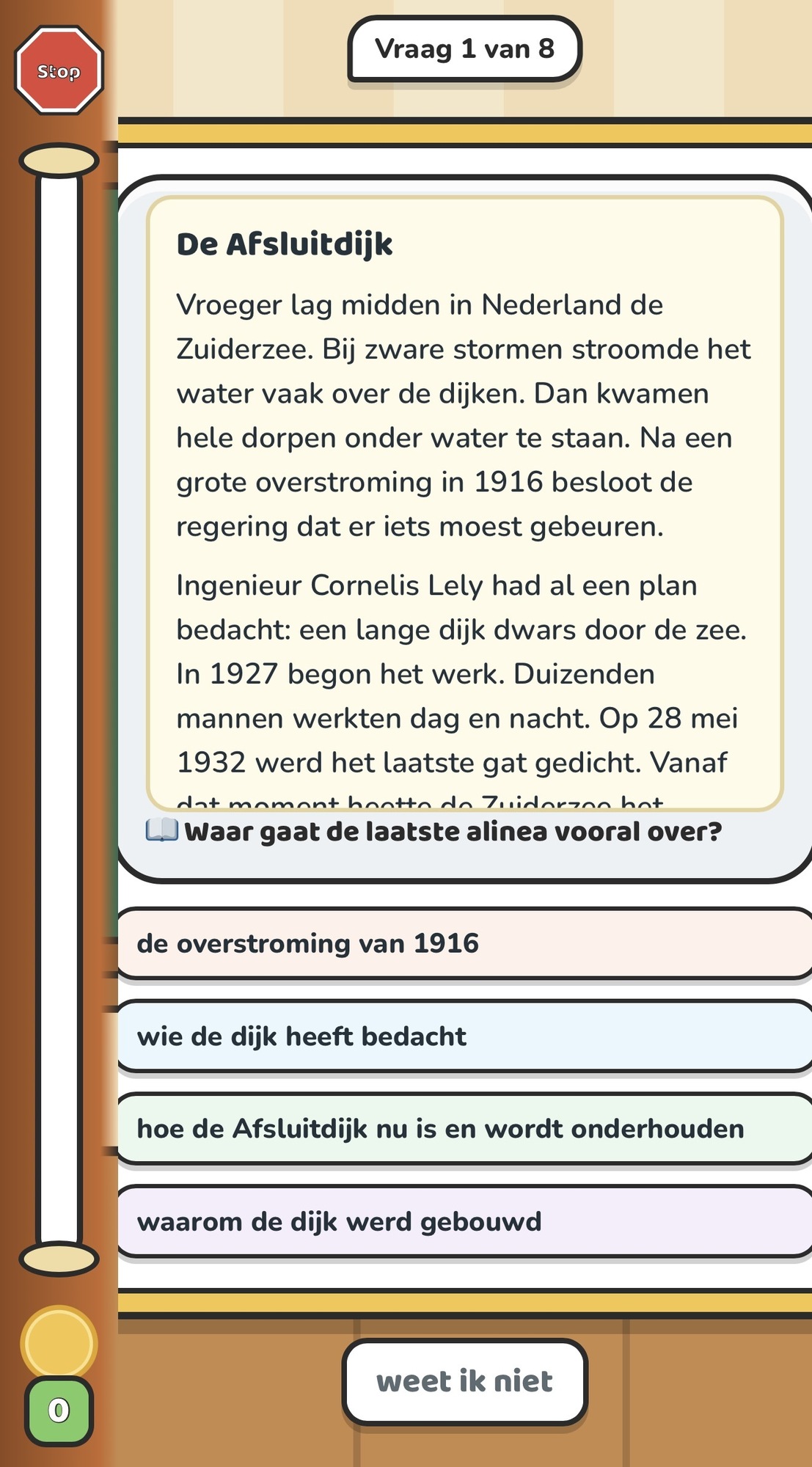 Oefenscherm toetstraining: vraag over een tekst